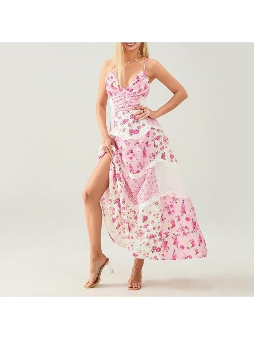 Pink Floral Tiered Maxi Dress With Crisscross Straps & Lace Accents Boho Style M
